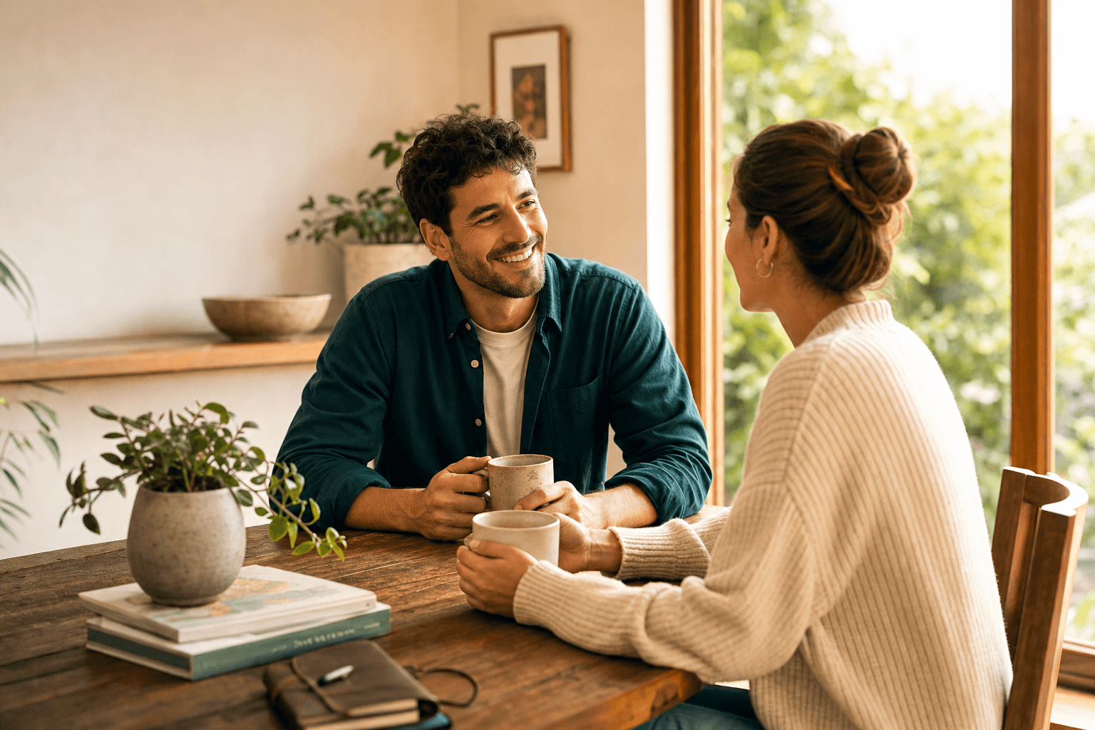 Two adults meeting for coffee in a warm home, representing StayHello's meet-first approach.