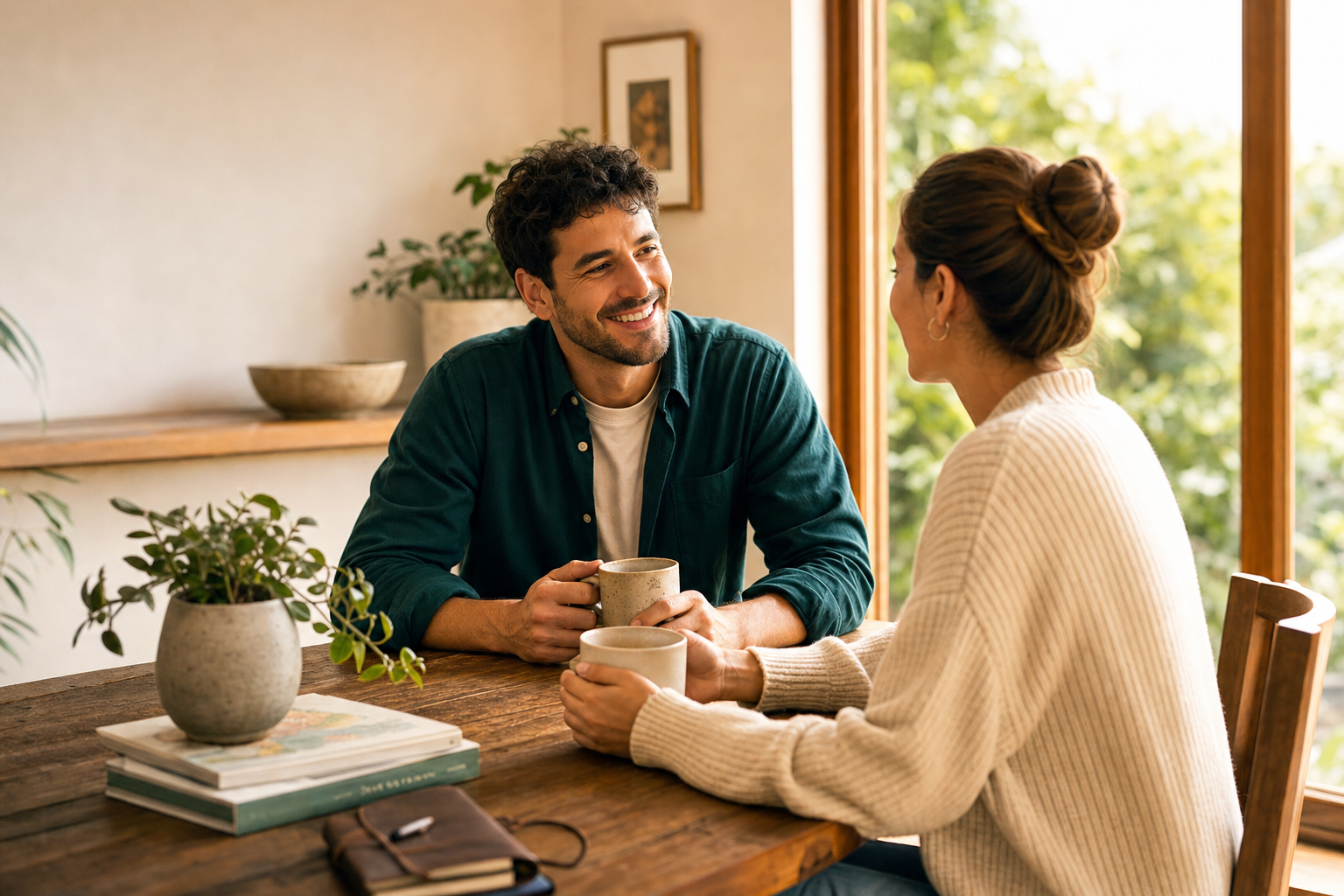 Two adults meeting for coffee in a warm home, representing StayHello's meet-first approach.
